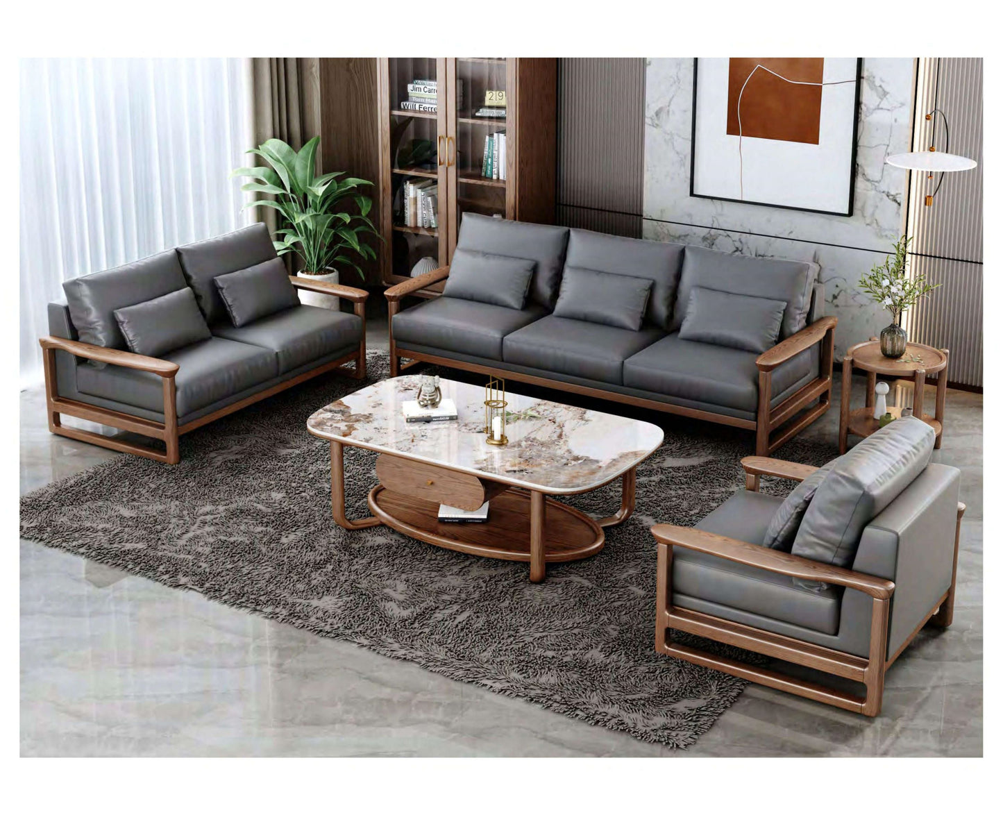 欣家居 北歐風白蠟木 小戶型客廳 實木仿真皮沙發YLS12