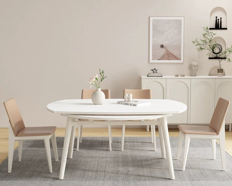 欣家居熱銷 奶油風 實木岩板可伸縮餐桌 小戶型客廳桌椅組合QY