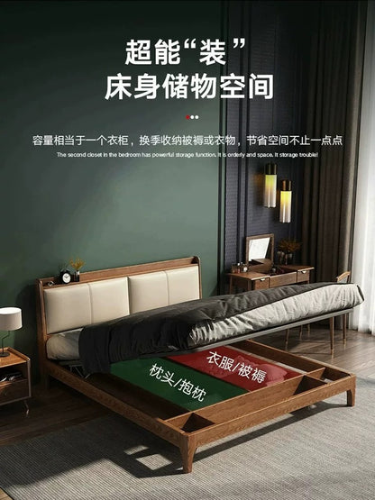 欣家居 北歐實木床  真皮軟靠床 日式高箱儲物床掀床XDS