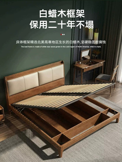 欣家居 北歐實木床  真皮軟靠床 日式高箱儲物床掀床XDS
