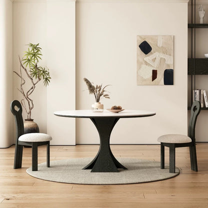 欣家居 現代復古 實木高端餐桌 岩板圓形餐桌