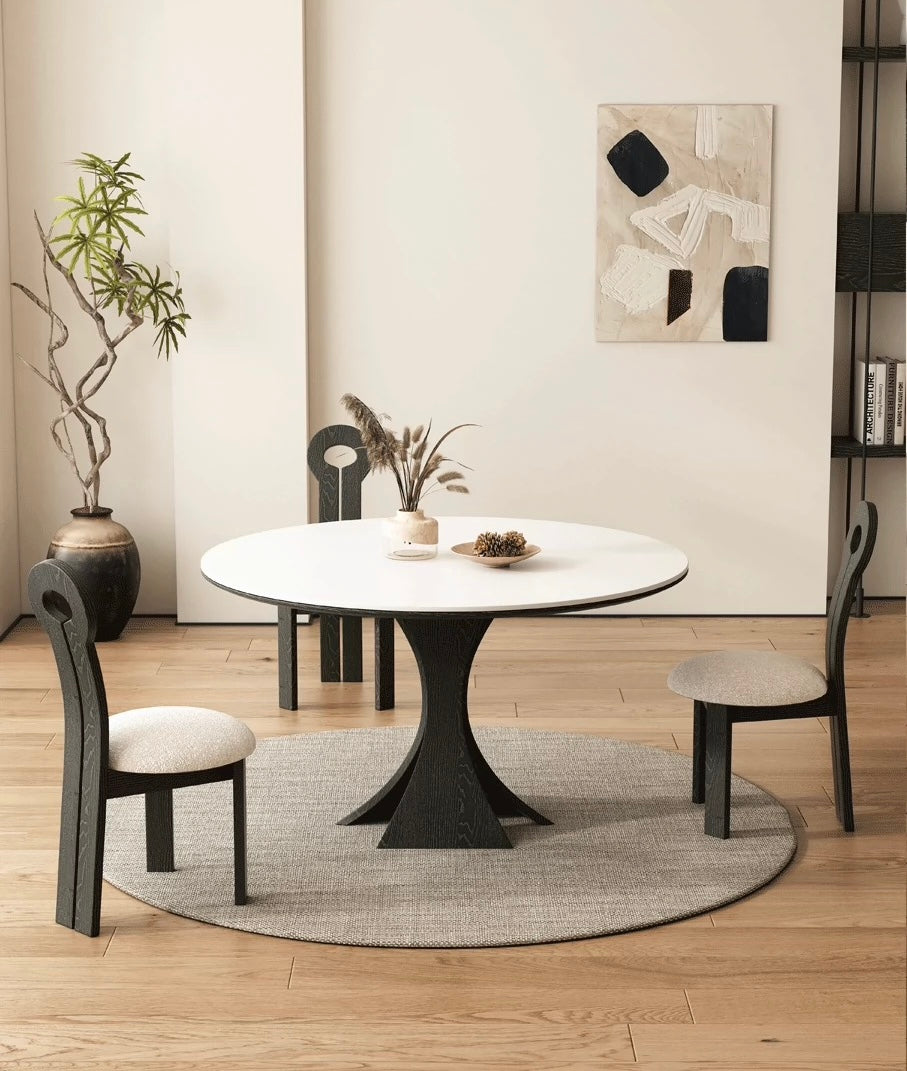 欣家居 現代復古 實木高端餐桌 岩板圓形餐桌