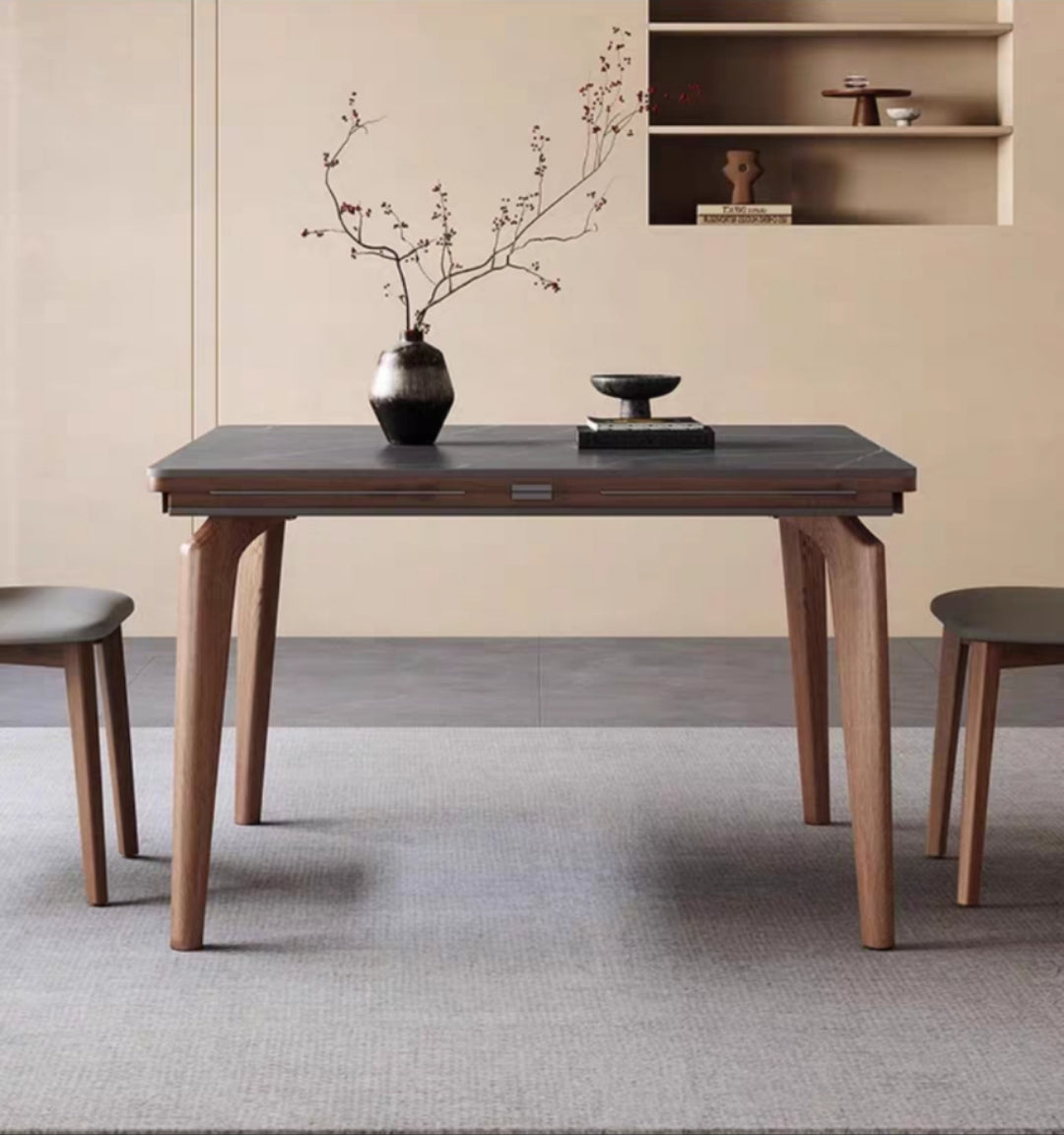 欣家居 北欧风 简约时尚 小户型餐桌 方圓兩用伸縮岩板餐桌