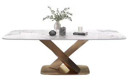 欣家居 輕奢亮光岩板餐桌現代簡約家用小戶型不鏽鋼北歐長方形飯桌