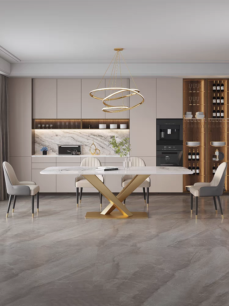 欣家居 輕奢亮光岩板餐桌現代簡約家用小戶型不鏽鋼北歐長方形飯桌