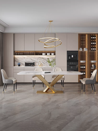 欣家居 輕奢亮光岩板餐桌現代簡約家用小戶型不鏽鋼北歐長方形飯桌