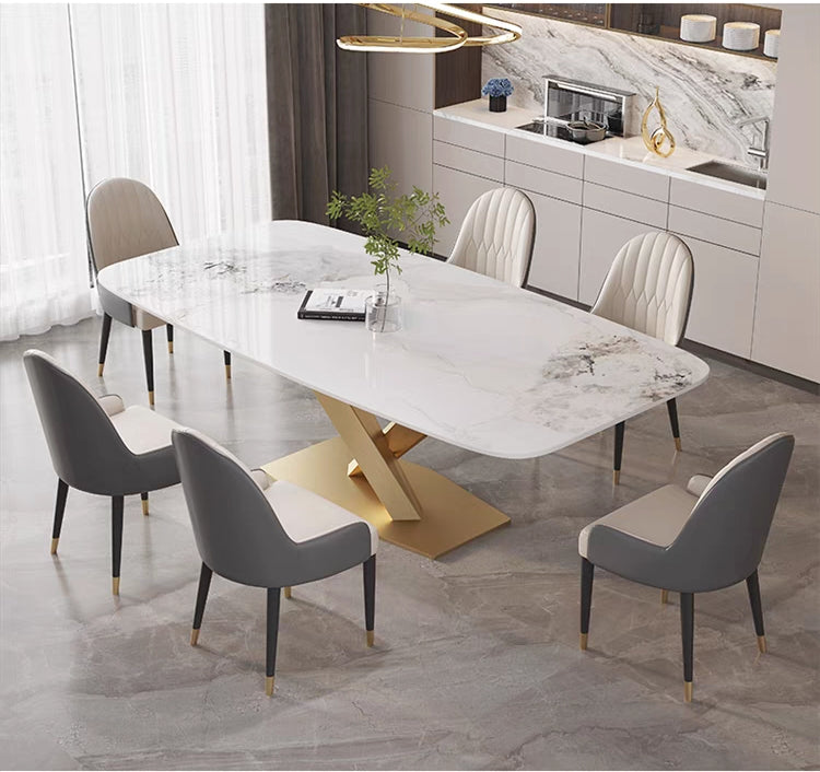 欣家居 輕奢亮光岩板餐桌現代簡約家用小戶型不鏽鋼北歐長方形飯桌