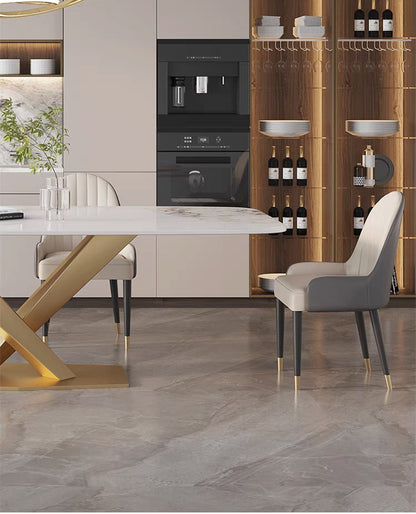 欣家居 輕奢亮光岩板餐桌現代簡約家用小戶型不鏽鋼北歐長方形飯桌