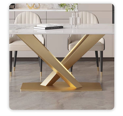 欣家居 輕奢亮光岩板餐桌現代簡約家用小戶型不鏽鋼北歐長方形飯桌