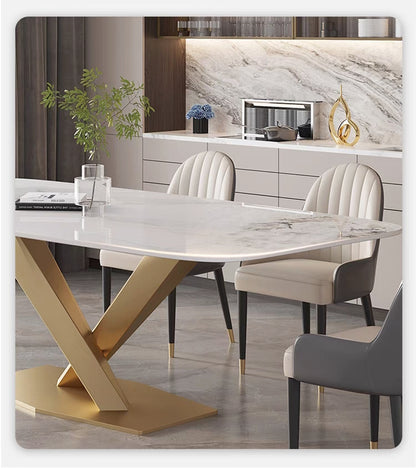 欣家居 輕奢亮光岩板餐桌現代簡約家用小戶型不鏽鋼北歐長方形飯桌