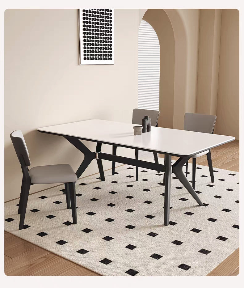 法式復古實木岩板餐桌啞光白色高端長方形現代簡約家用新款飯桌子