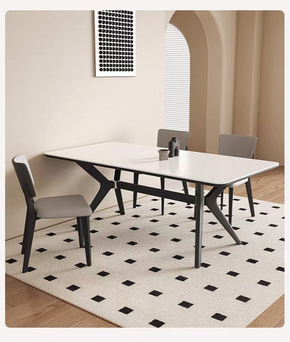 法式復古實木岩板餐桌啞光白色高端長方形現代簡約家用新款飯桌子