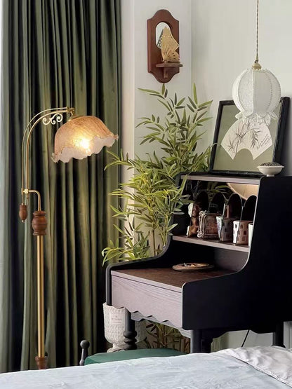 欧式复古玻璃落地灯 胡桃木色落地灯 客厅沙发氛围灯 ESL02301