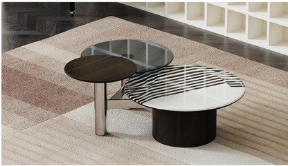 欣家居 中纖板貼煙熏木皮 201不銹鋼架 微晶石 鋼化玻璃 茶幾 LPZE428FC