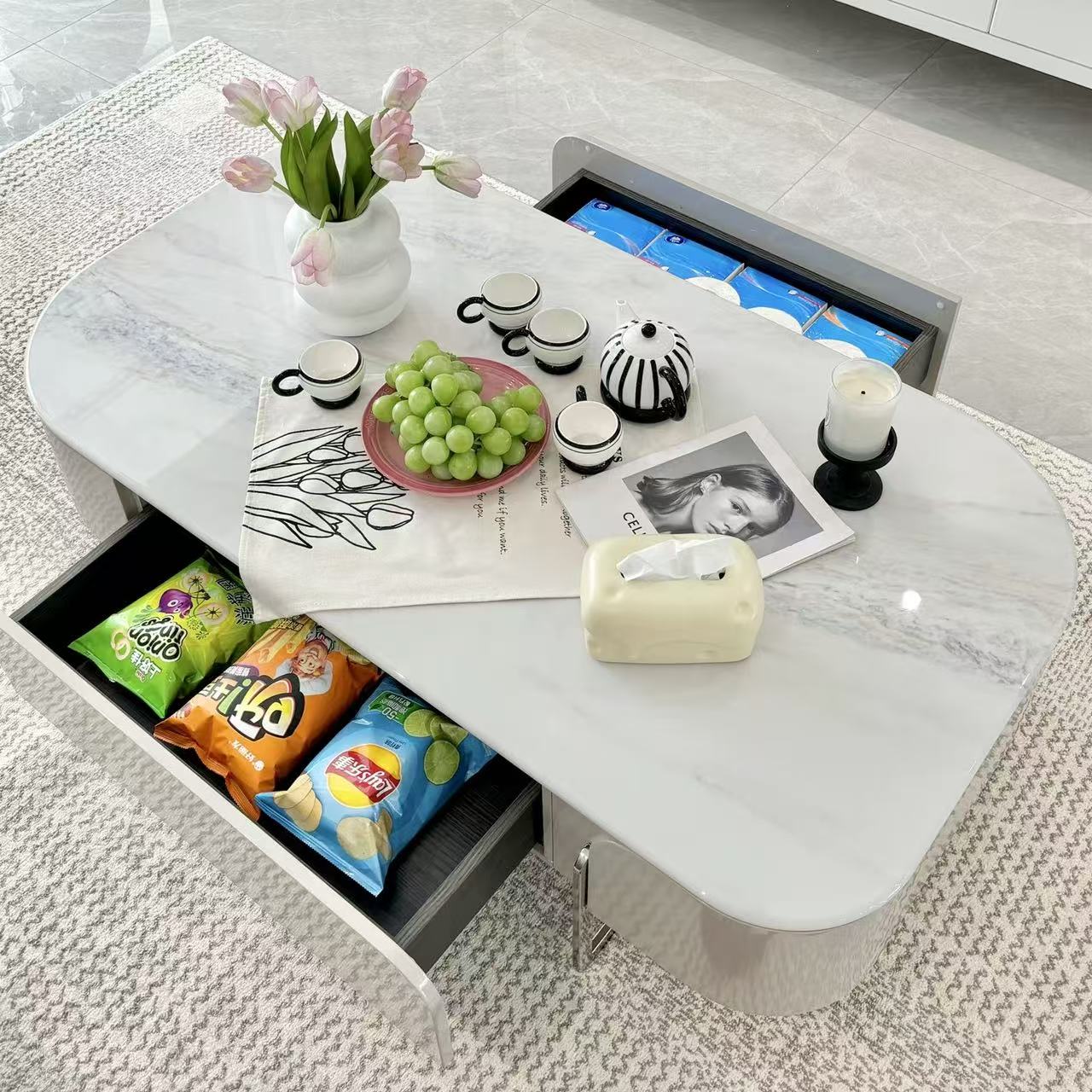 欣家居 A89微晶石 E1級中纖板 201不銹鋼 松木抽鬥 茶幾 LPZE461